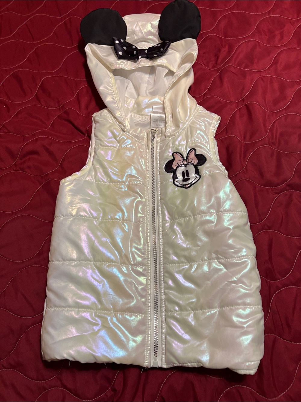 Disney Iridescent White Minnie Mouse Hooded Vest with Black Ears & Polka Dot Bow